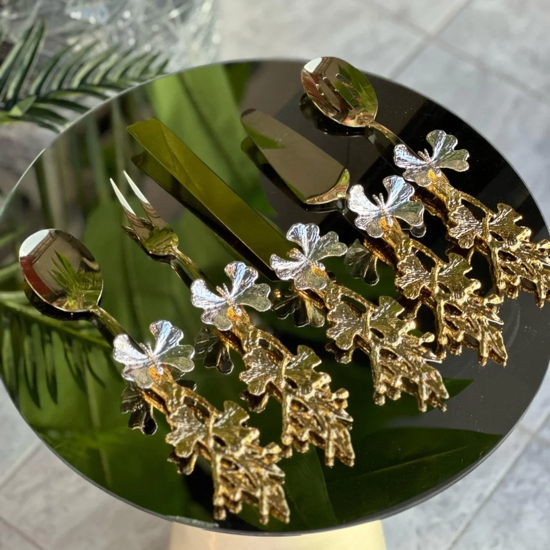 5 Parça Kelebek Desenli Gold Saplı Çelik Servis Seti