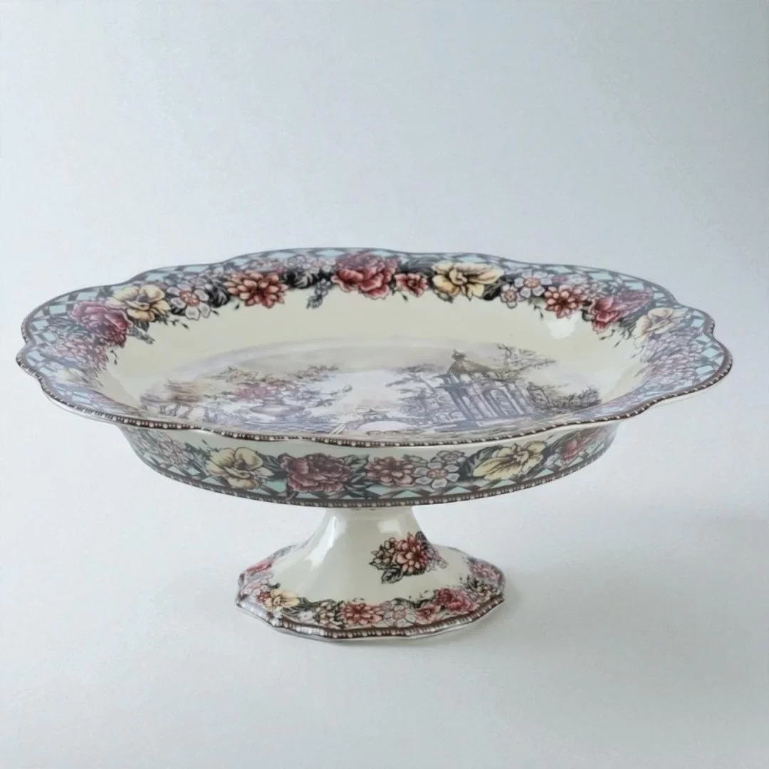 İthal Fine Porcelain Çiçek Desenli Ayaklı Pasta Tabağı (30 cm)