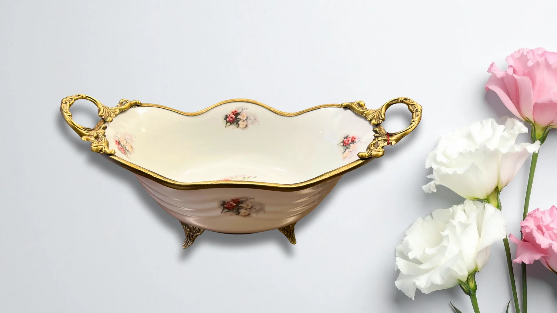 Limoge Çiçek Desenli Altın Detaylı Porselen Sunum Kasesi