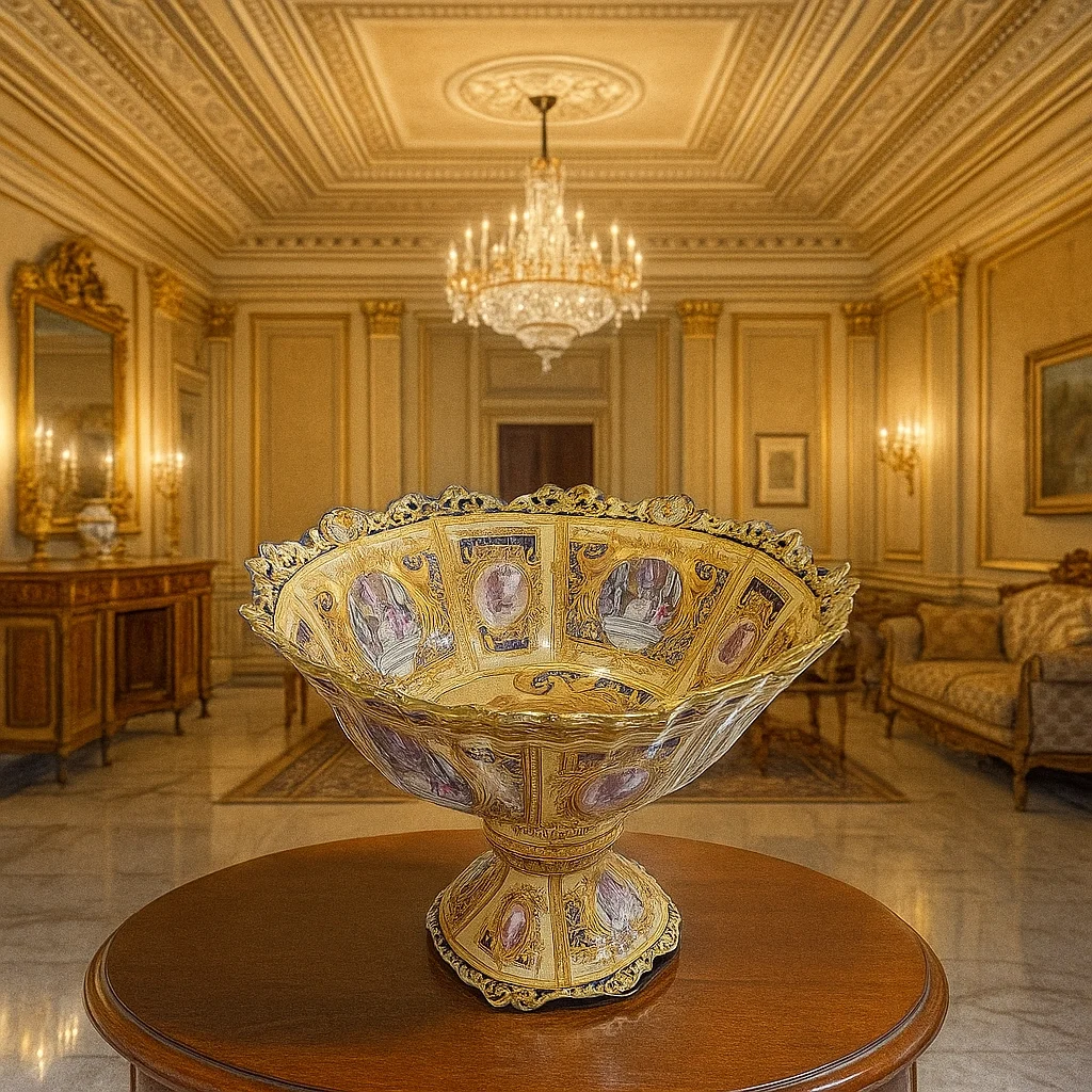 Altın Barok Tarzı Ayaklı Porselen Kase – Tarihî Sahne Desenli