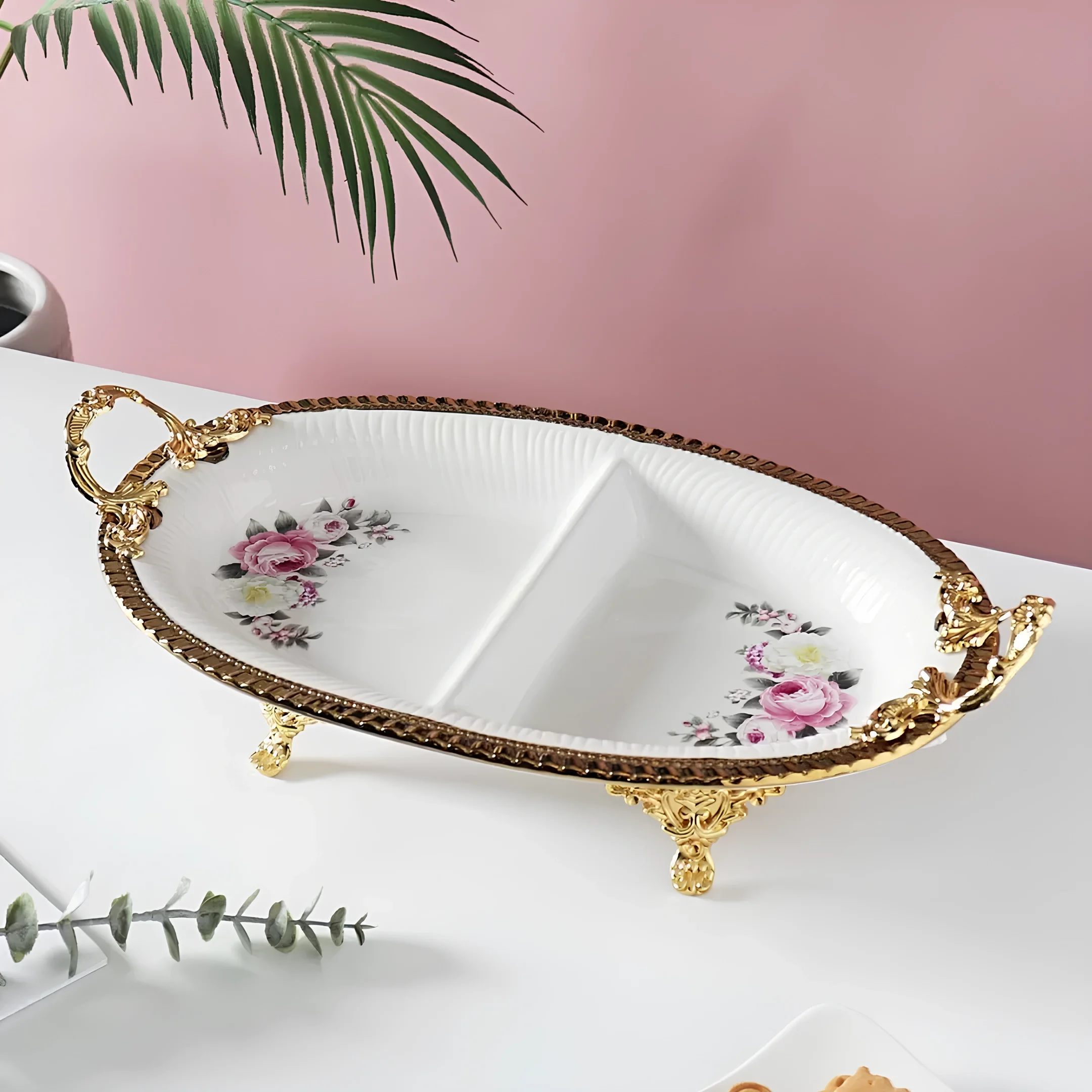 Bölmeli Altın Detaylı Porselen Servis Tabağı