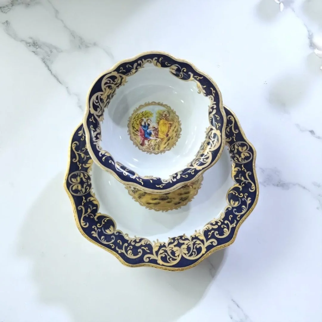 12 Parça Barok Desenli Porselen Kase ve Tabak Takımı – Lacivert & Altın