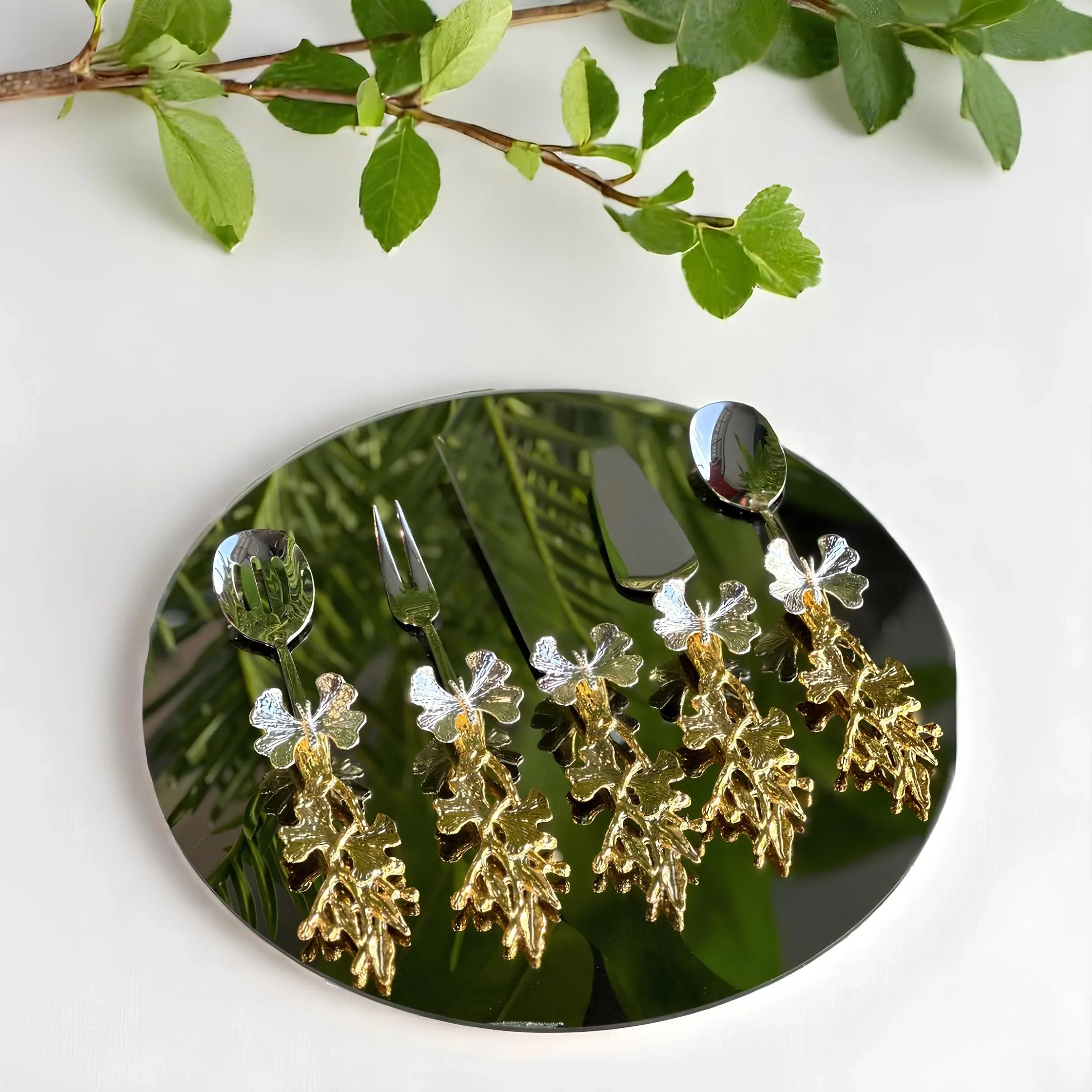 5 Parça Kelebek Desenli Gold Saplı Çelik Servis Seti