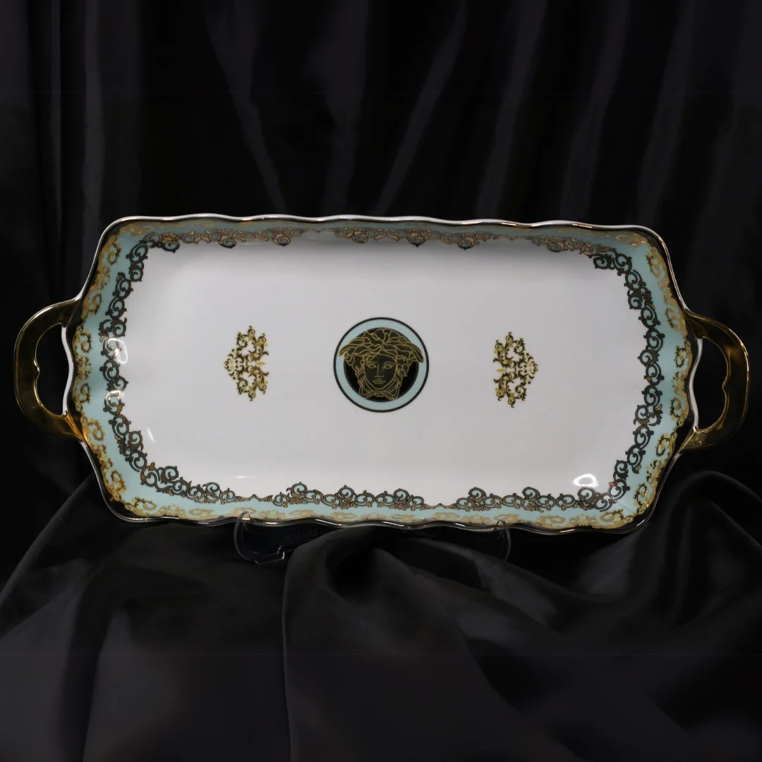 Zarif Mavi Beyaz Desenli Bavaria Porselen Kahve Sunumluk Tepsisi