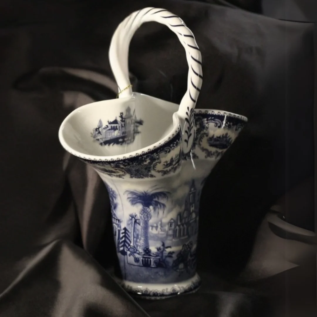 Vintage Mavi-Beyaz Porselen Dekoratif Sepet