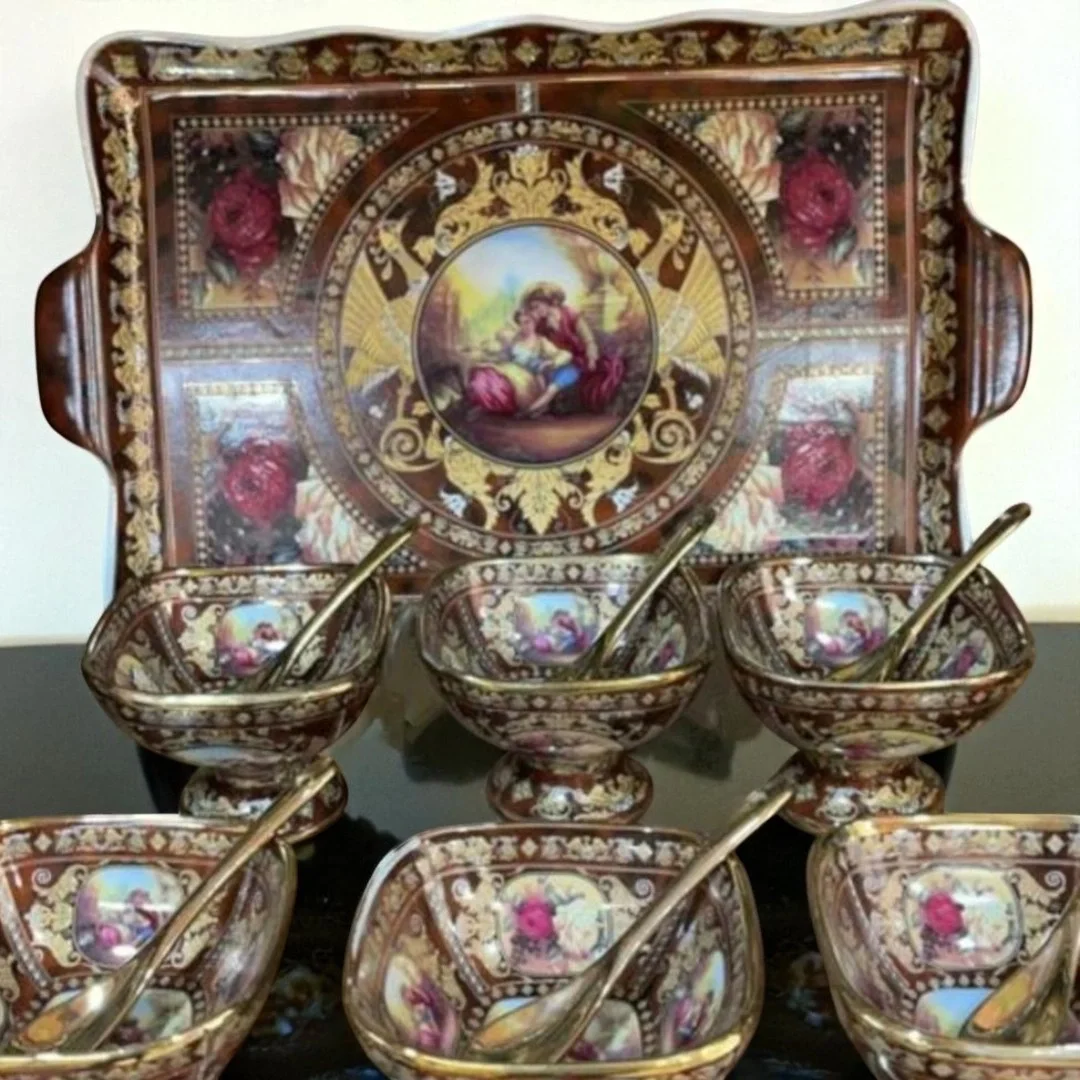 İthal Fine Porcelain Altın Yaldızlı Tepsi ve 6’lı Dondurmalık Seti