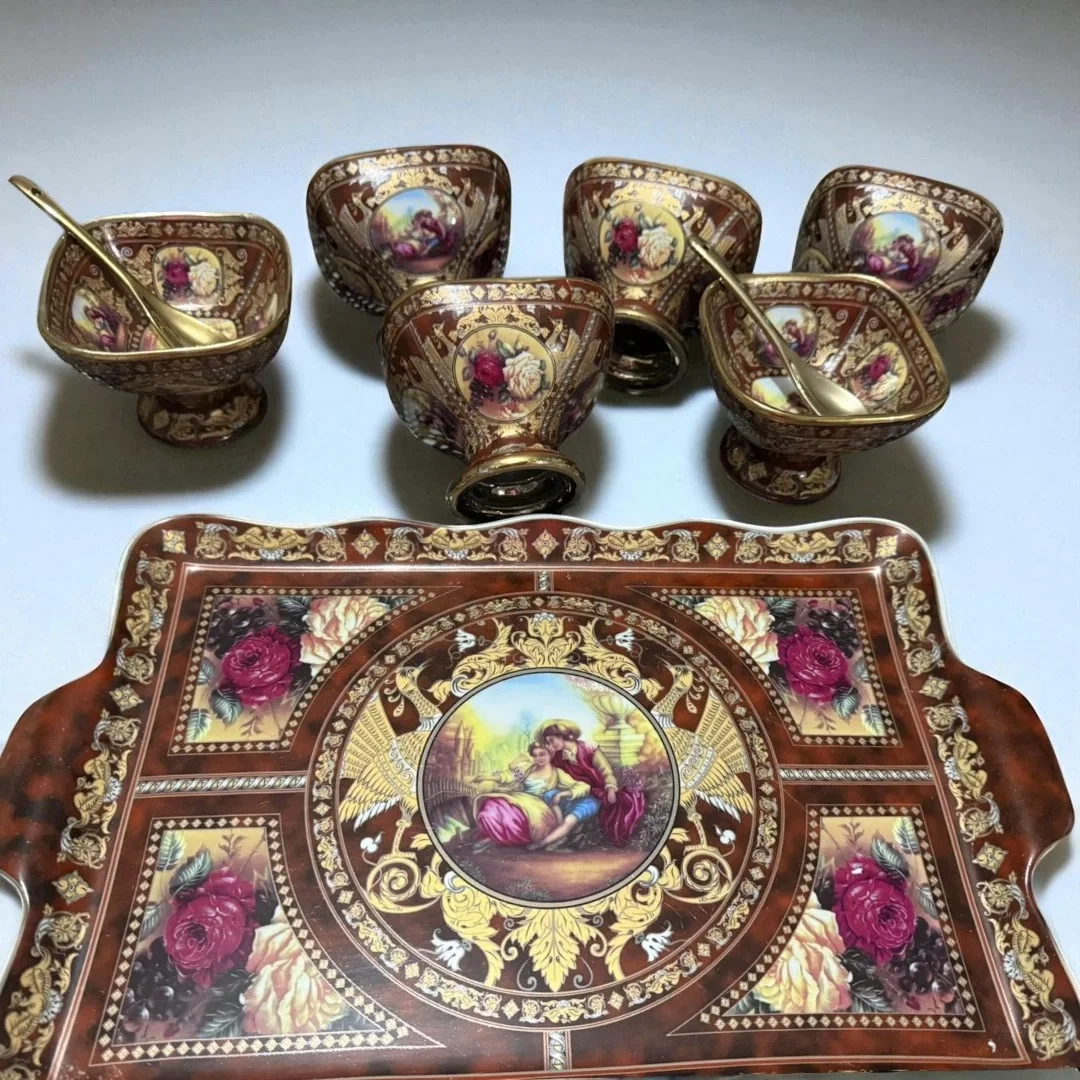 İthal Fine Porcelain Altın Yaldızlı Tepsi ve 6’lı Dondurmalık Seti