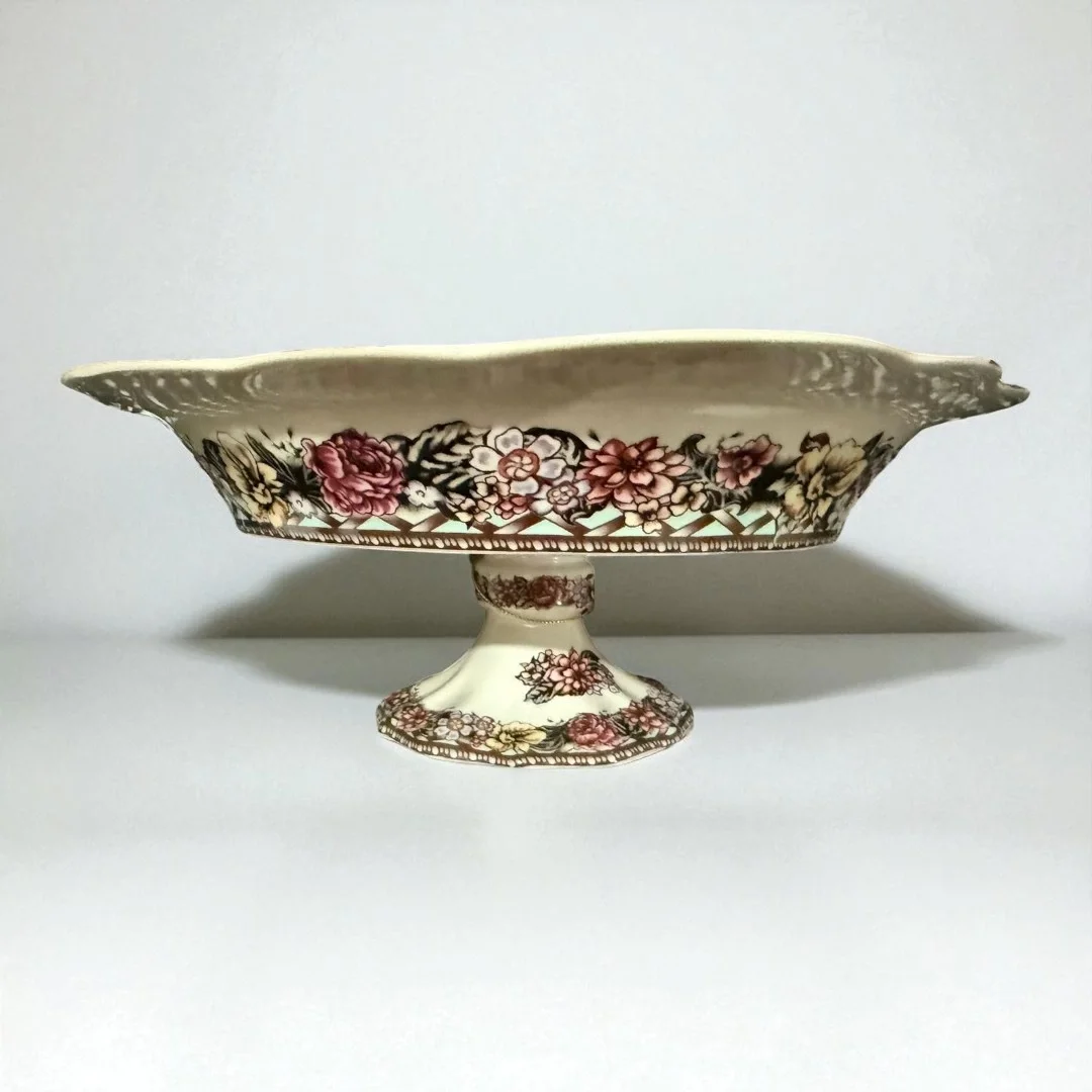 İthal Fine Porcelain Çiçek Desenli Ayaklı Pasta Tabağı (30 cm)
