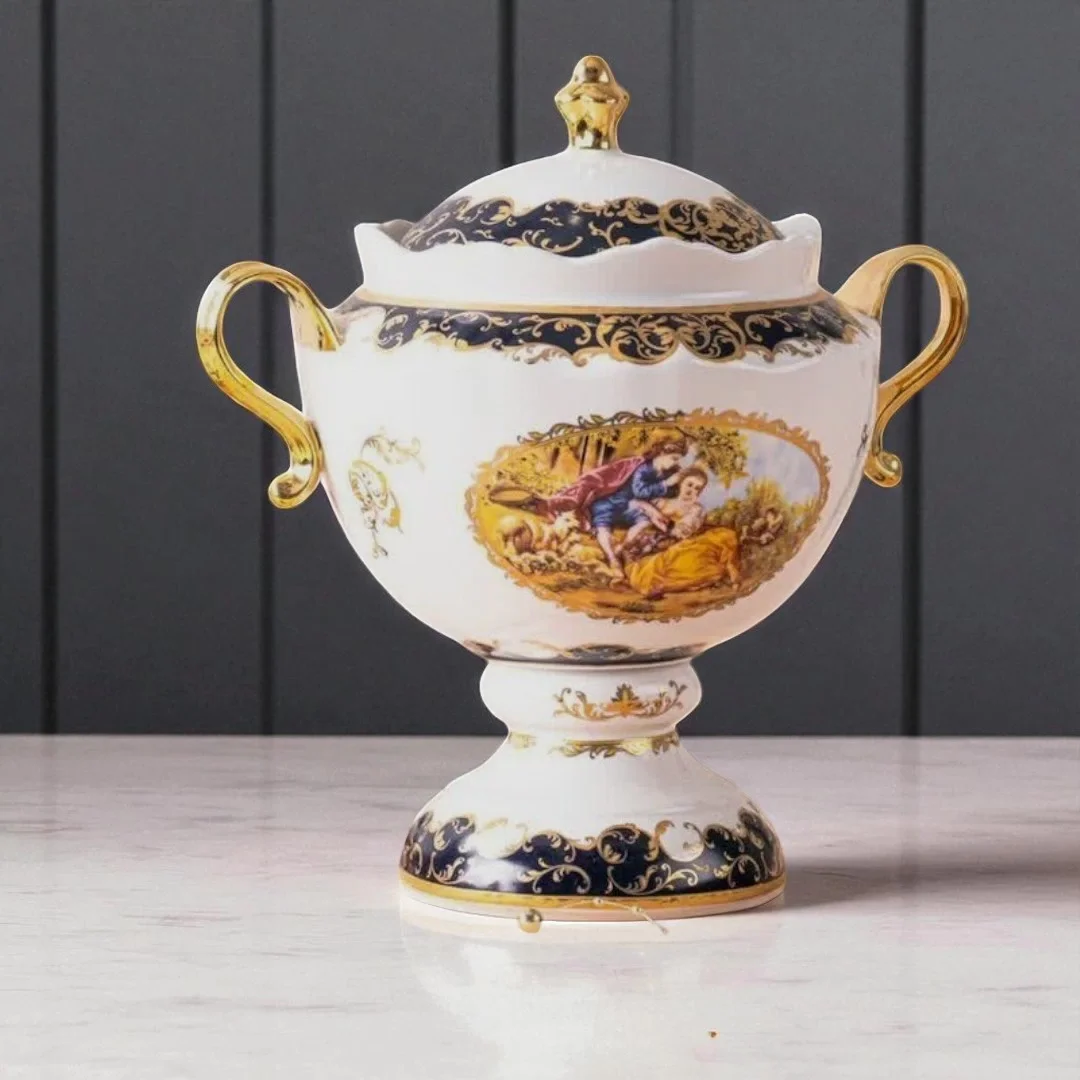 İthal Fine Porcelain Altın Yaldızlı Kapaklı Şekerlik (26 cm)