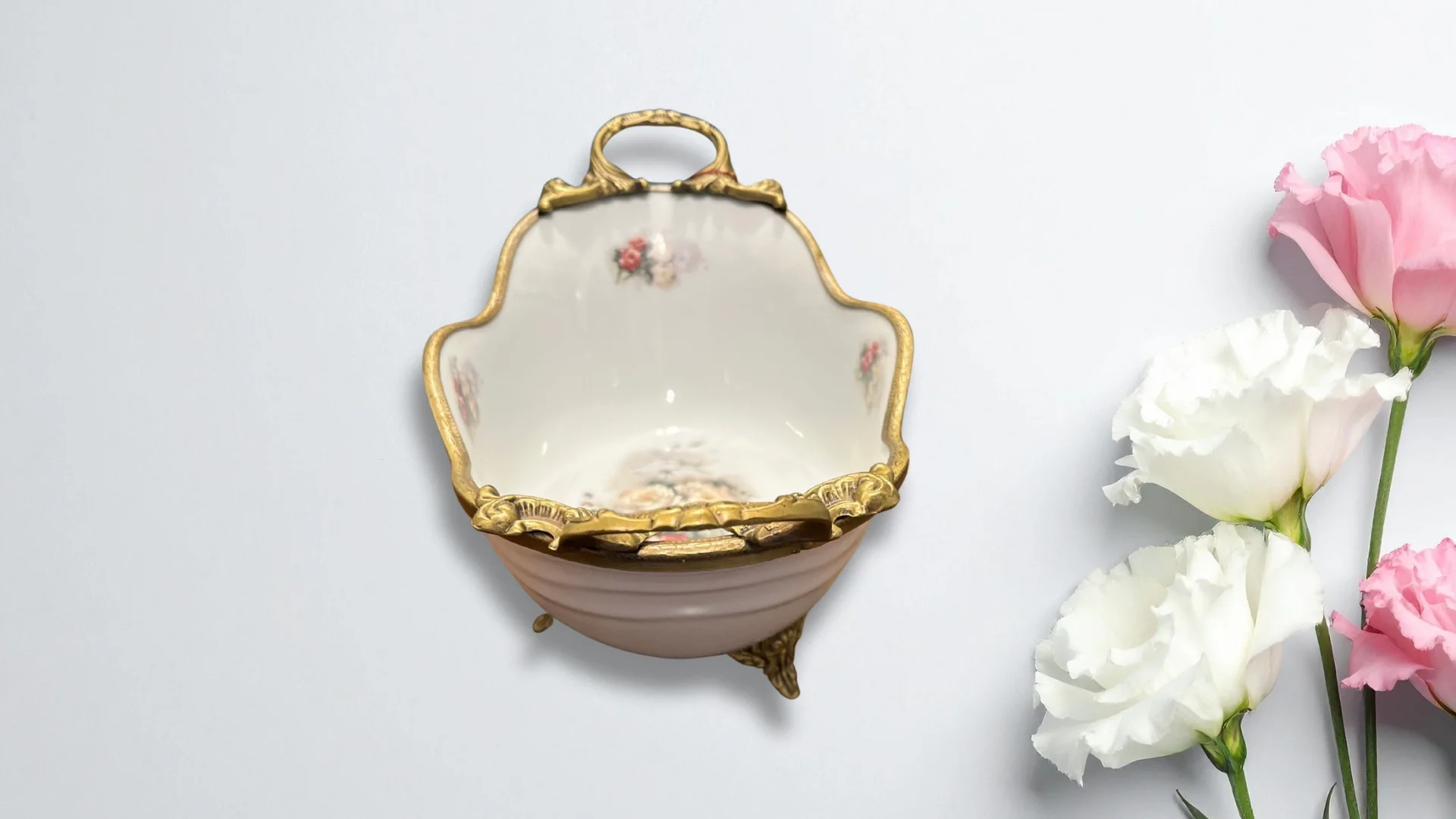 Limoge Çiçek Desenli Altın Detaylı Porselen Sunum Kasesi