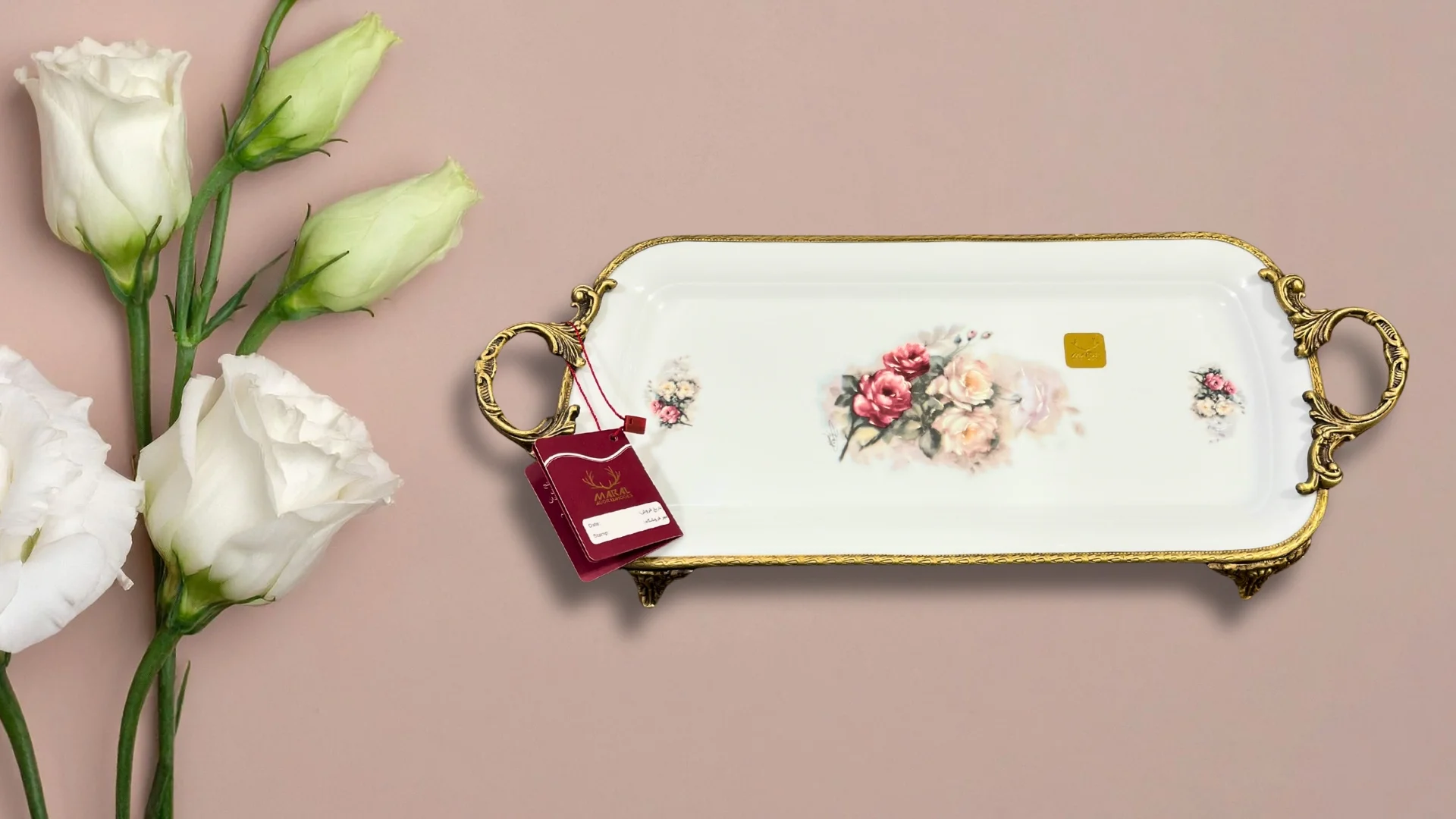 Limoge Çiçek Desenli Altın Kulplu Dikdörtgen Porselen Sunum Tabağı – 39×19 cm (Ayaklı)