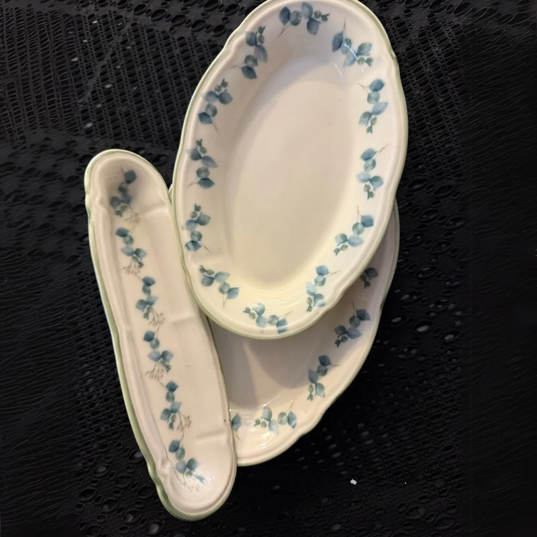 6 Parça Porselen Kahvaltı / Sunum Seti – Yeşil-Mavi Yaprak Desenli