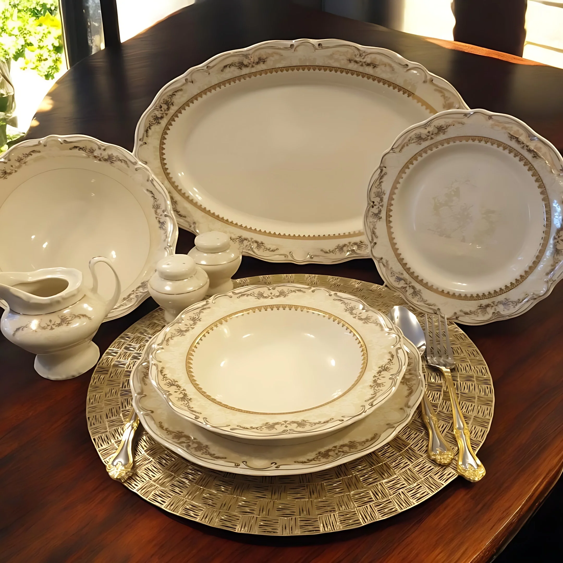 Altın ve Gümüş İşlemeli Porselen Yemek Takımı 56 Parça 12 Kişilik