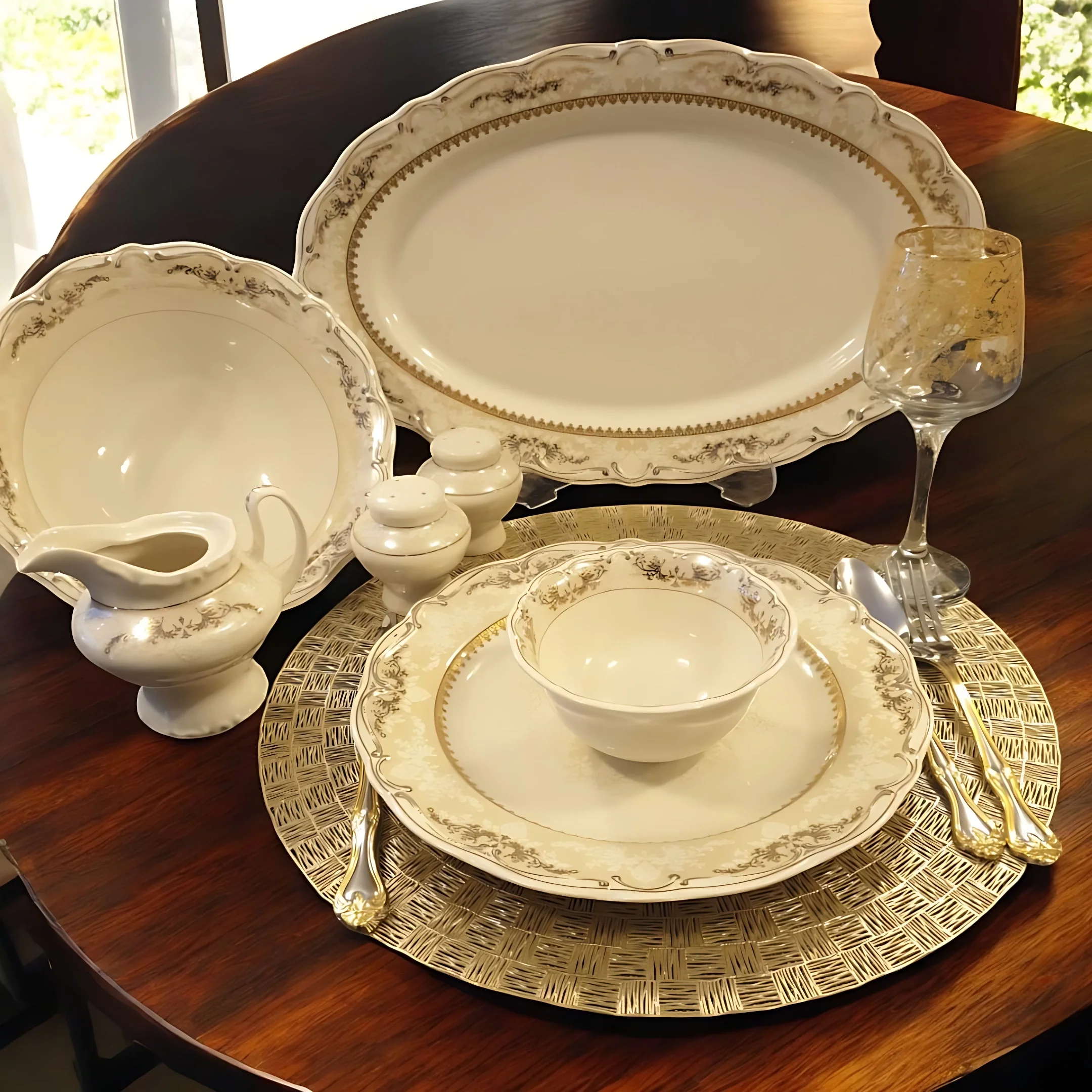 Altın ve Gümüş İşlemeli Porselen Yemek Takımı 56 Parça 12 Kişilik
