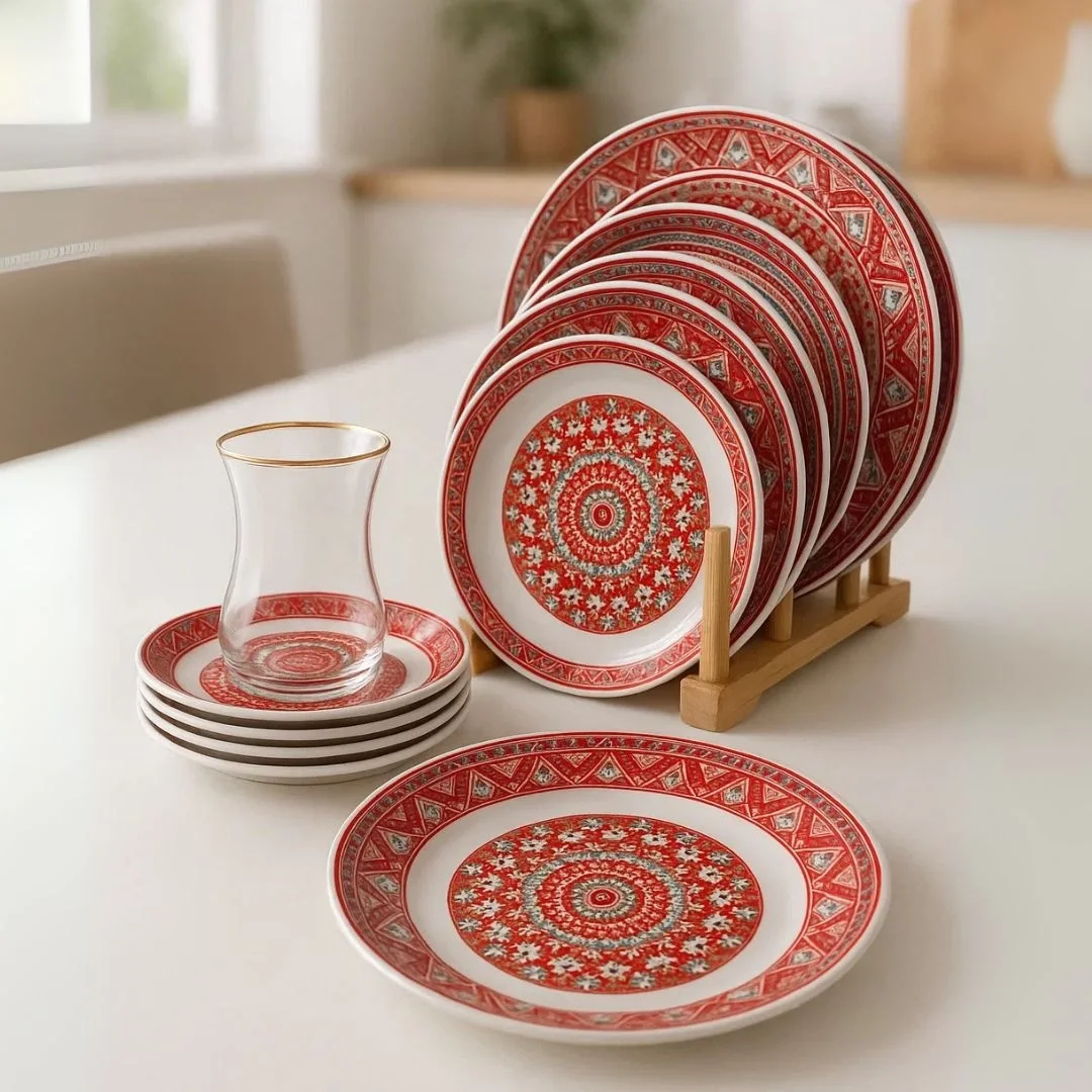 Canlı Desenleriyle Sofranıza Enerji Katın: 7 Parça Servis ve Pasta Tabağı ve Çay Tabakları Seti