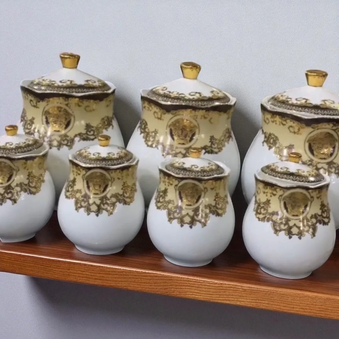 Lüks Altın Detaylı Porselen Baharatlık Seti – 7 Parça
