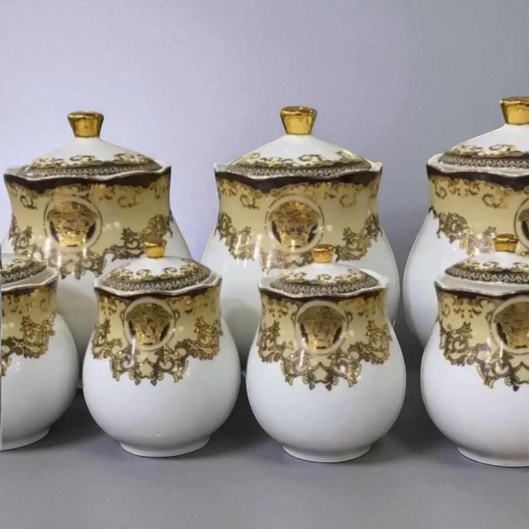 Lüks Altın Detaylı Porselen Baharatlık Seti – 7 Parça