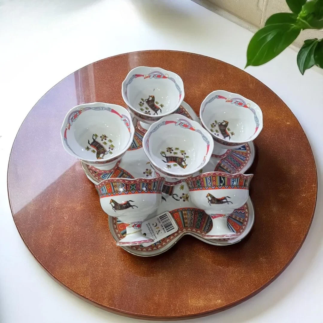 Geleneksel Desenli Osmanlı Tarzı 6’lı Porselen Dondurmalık Seti – Ayaklı, Sunum Tabağıyla Birlikte