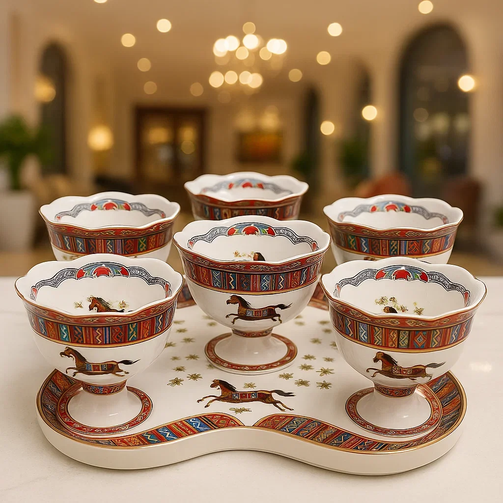 Geleneksel Desenli Osmanlı Tarzı 6’lı Porselen Dondurmalık Seti – Ayaklı, Sunum Tabağıyla Birlikte