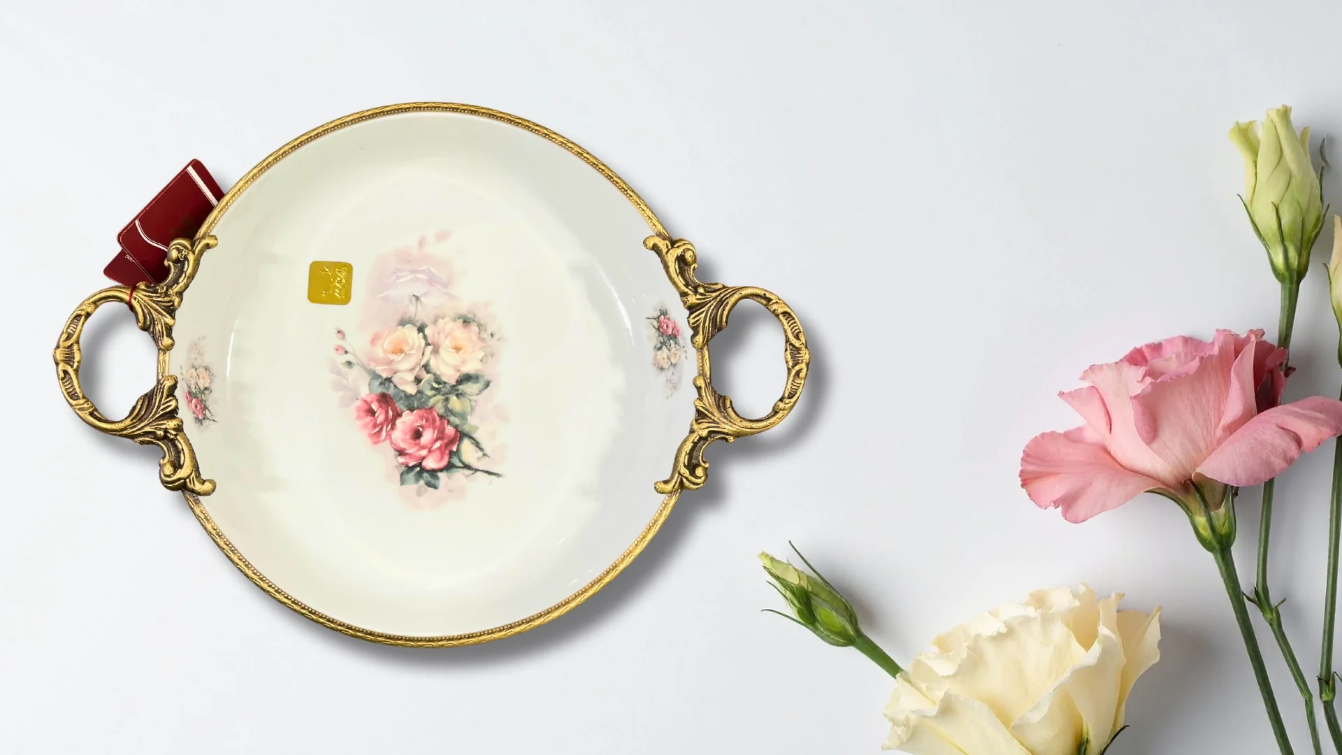 Limoge Çiçek Desenli Altın Kulplu Porselen Sunum Kasesi – 25 cm (4 cm Derinlik)