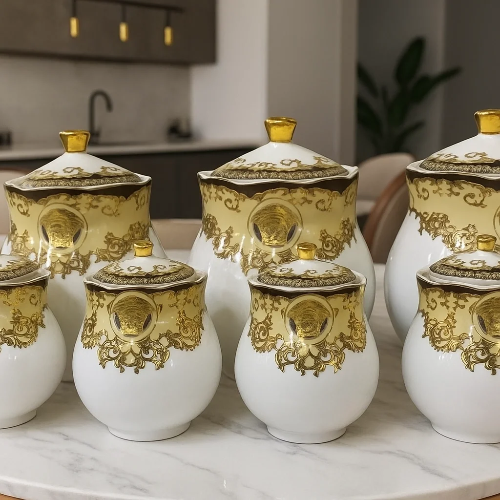 Lüks Altın Detaylı Porselen Baharatlık Seti – 7 Parça