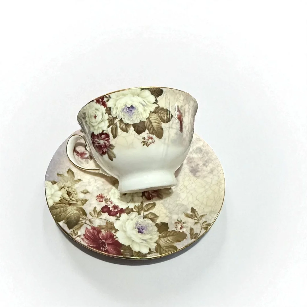 Vintage Gold Rose Desenli 6'lı Porselen Çay Fincanı Takımı