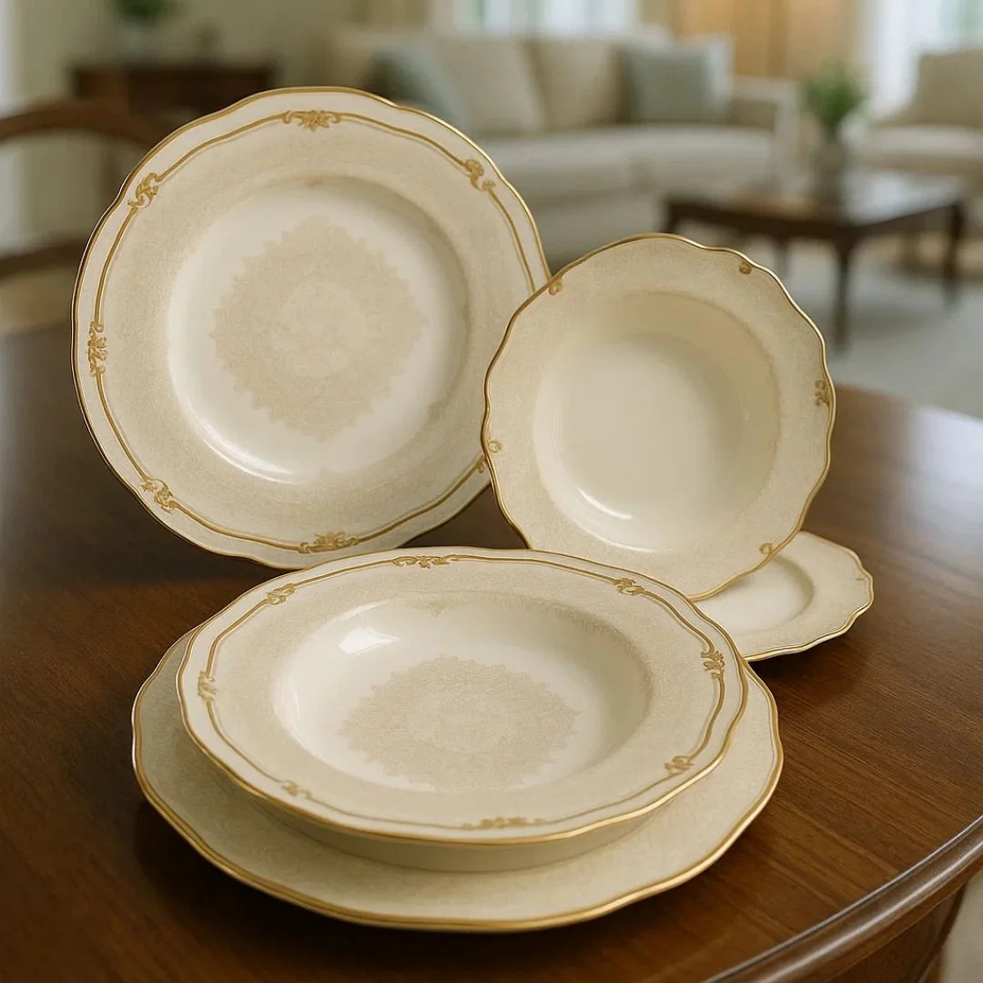 Zarif Koleksiyon Altın İşlemeli 6 kişilik Porselen Yemek Takımı