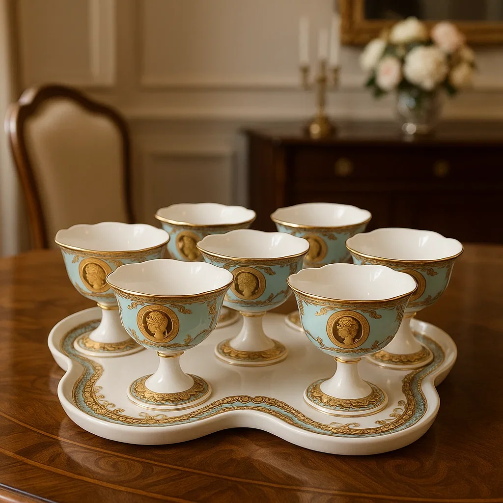 Lüks Desenli 6’lı Porselen Ayaklı Dondurmalık Seti – Mavi & Altın Detaylı