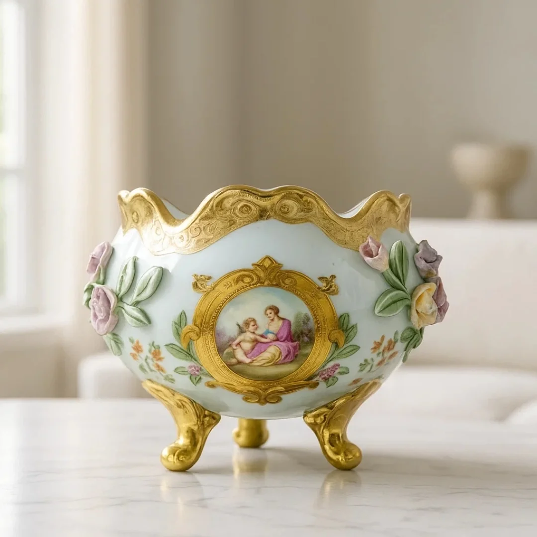 Orta Boy El İşçiliği Porselen Dekoratif Kase – Ayaklı, Altın Yaldızlı ve Figürlü