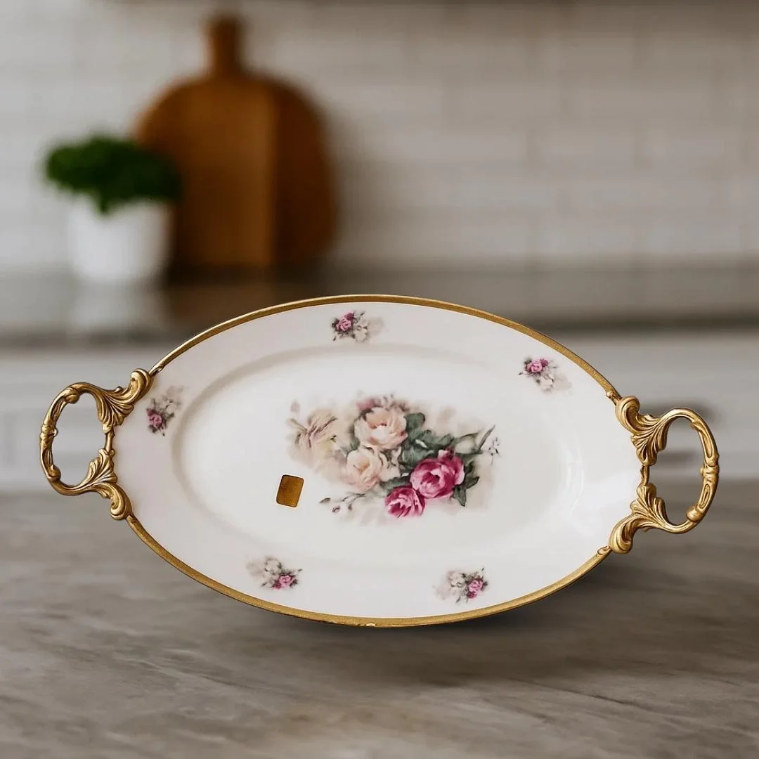 Oval Porselen Sunum Tepsisi 41 cm – Altın Kulp ve Gül Desenli