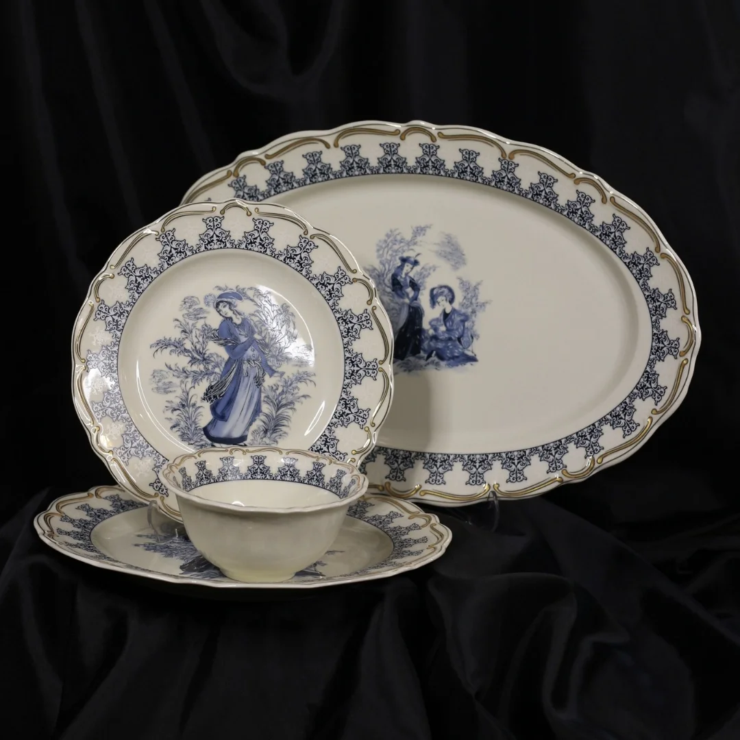 Vintage Desenli Porselen Yemek Takımı 56 Parça 12 Kişilik